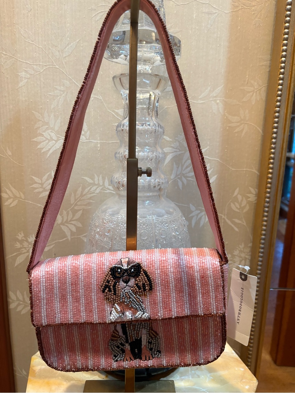 Anthropologie Maeve Fiona Pink Striped Beaded Cocker Spaniel Diva Bag